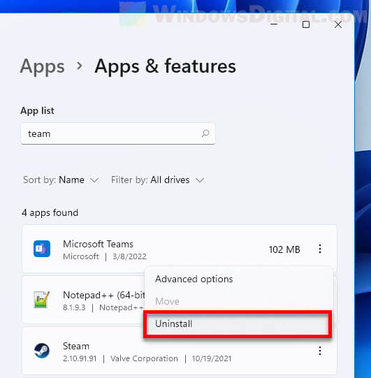 Uninstall Microsoft Teams Windows 11