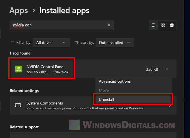 Uninstall NVIDIA Control Panel in Windows 11