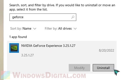 Uninstall NVIDIA GeForce Experience Windows