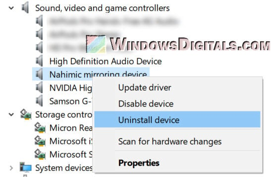 Uninstall Nahimic service mirroring device