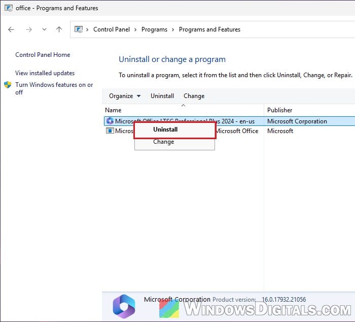 Uninstall Office Programs and Features Control Panel Windows 11