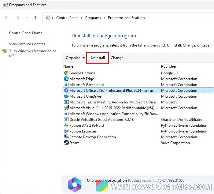 Uninstall Office Programs and Features Control Panel Windows 11