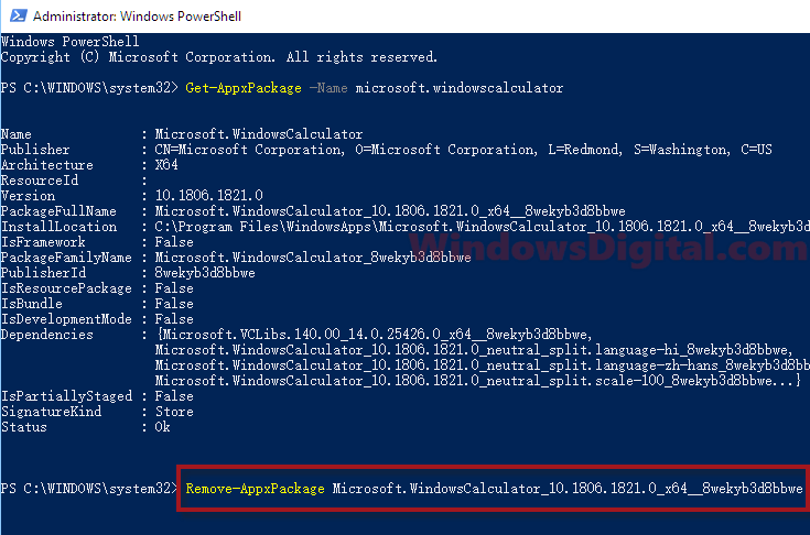 Uninstall Microsoft Calculator app