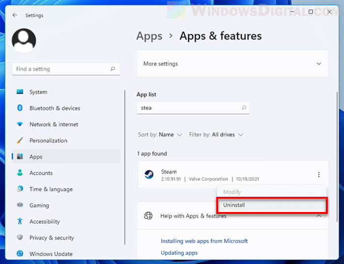 Uninstall Steam client Windows 11