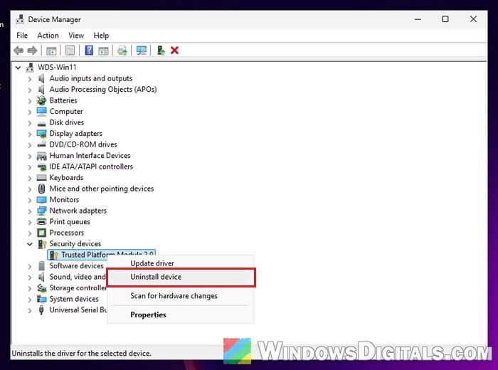 Uninstall Trusted Platform Module 2.0 device Windows 11