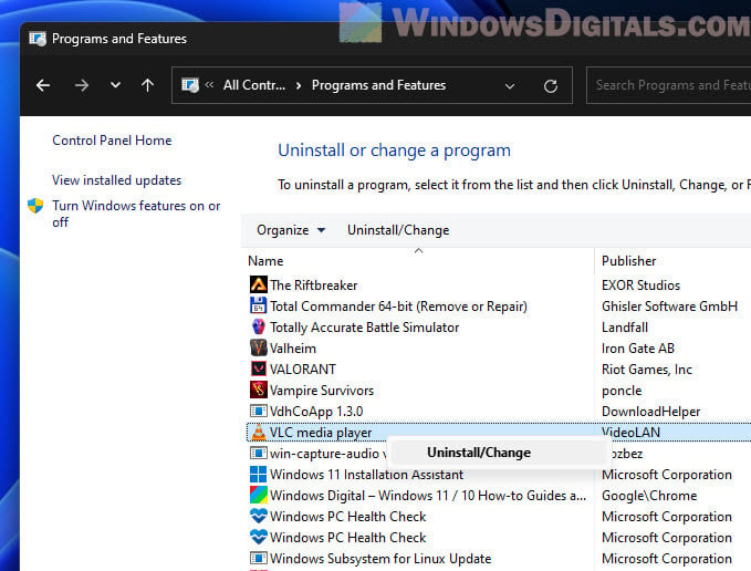 Uninstall VLC media player in Windows 11