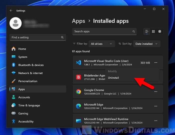 Uninstall Visual Studio Code in Windows 11