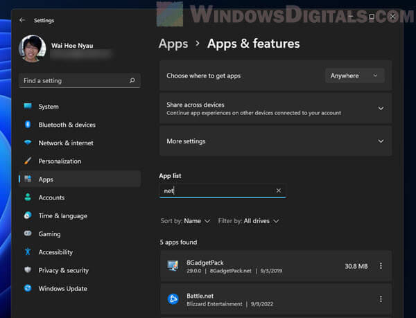 Uninstall app Windows 11