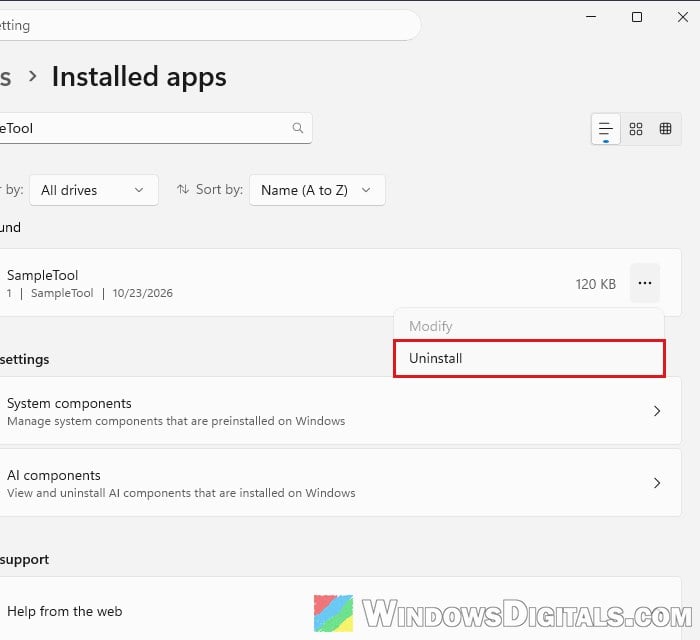 Uninstall app from Installed apps Windows 11