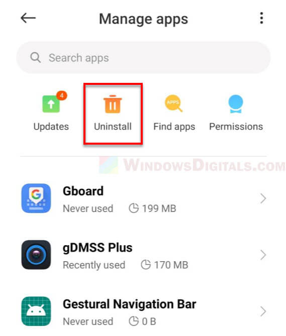 Uninstall app on Android