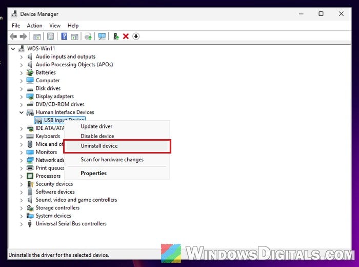 Uninstall device Human Interface Devices Device Manager Windows 11