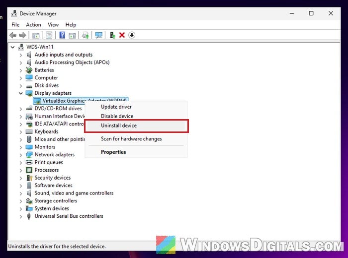 Uninstall display adapter driver Device Manager Windows 11