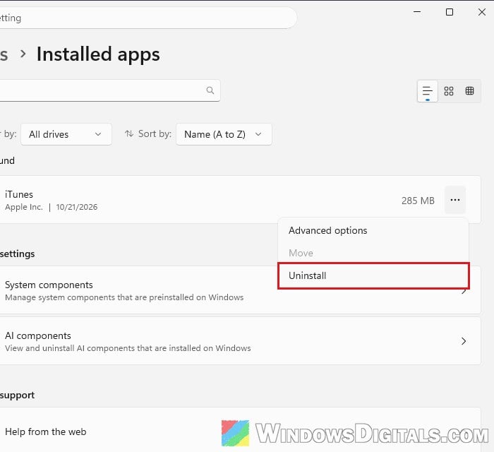 Uninstall iTunes Installed apps Windows 11