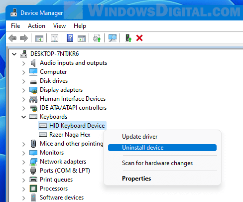 Uninstall laptop keyboard driver Windows 11