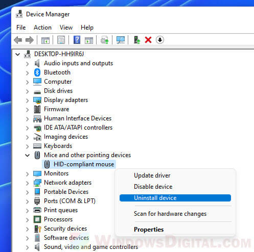 Uninstall mouse in Windows 11