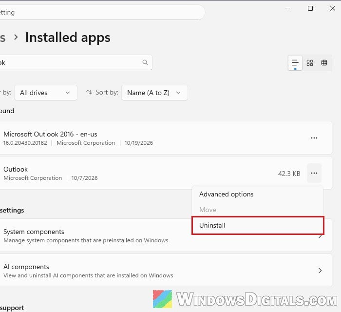 Uninstall new Outlook app in Windows 11 Settings