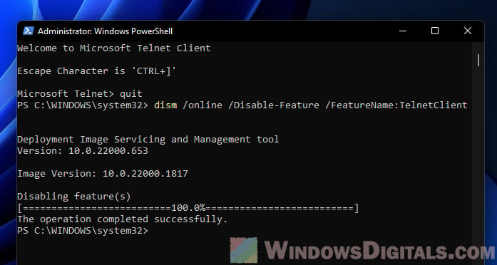 Uninstall or disable Telnet CMD Windows 11