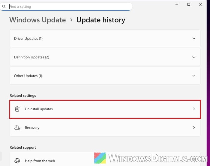 Uninstall updates Update history Windows 11
