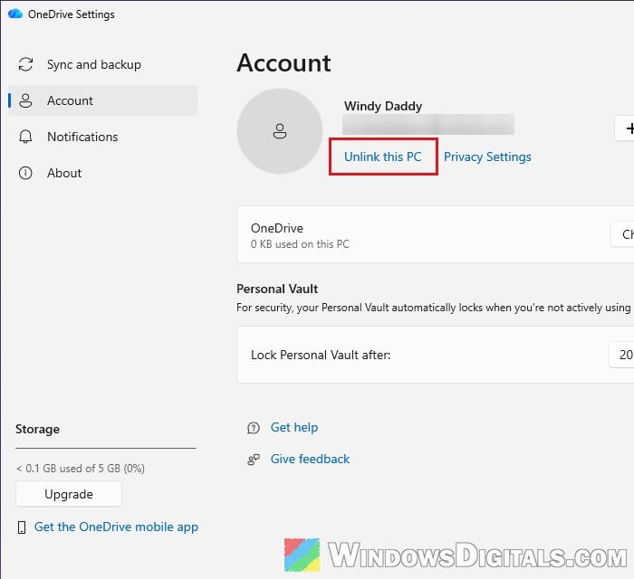 Unlink this PC OneDrive account settings Windows 11