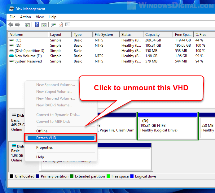 Unmount VHD VHDX Windows 11