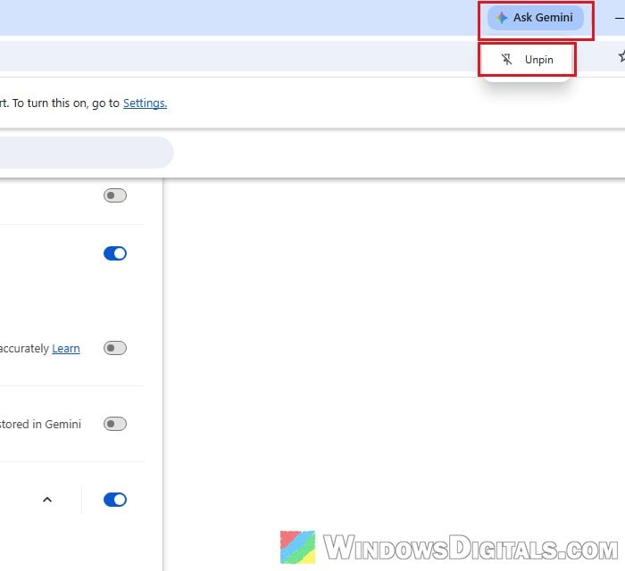 Unpin Gemini from Chrome toolbar