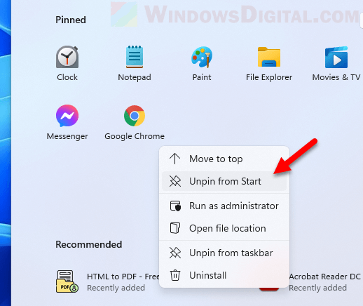 Unpin app from Start in Windows 11