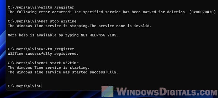 Unregister and register w32tm time service in Windows 11 via CMD