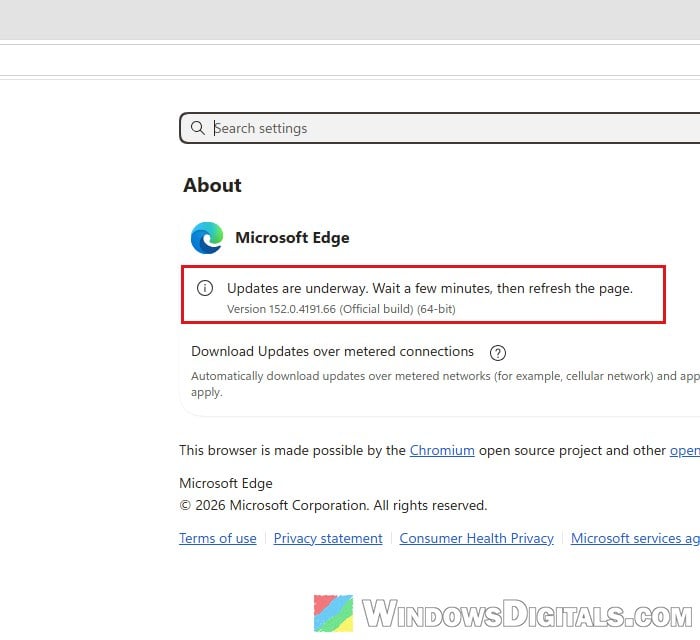 Update Microsoft Edge from About Microsoft Edge page