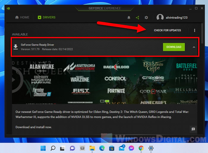 Update NVIDIA graphics driver Windows 11