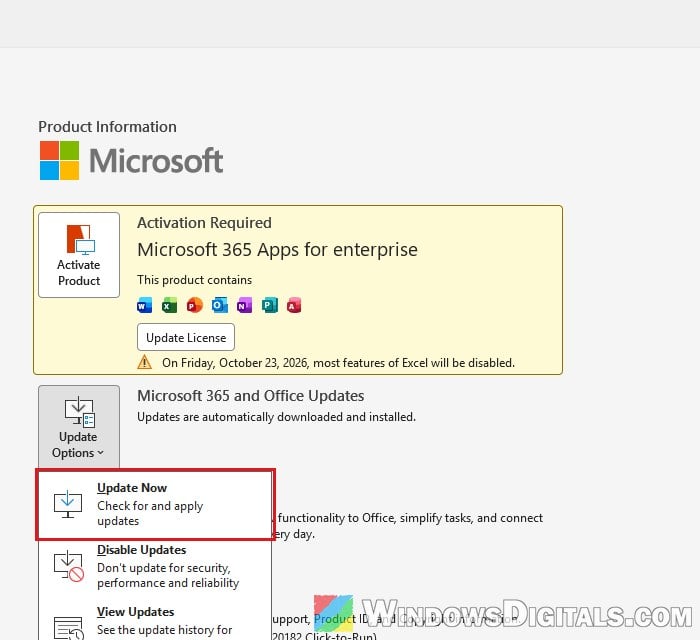 Update Now Excel Update Options Windows 11