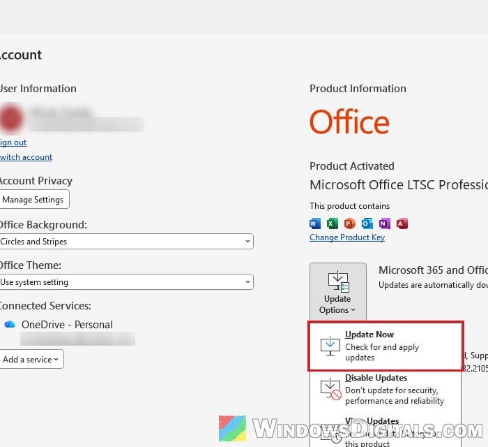 Update Office Update Now Word Account Windows 11