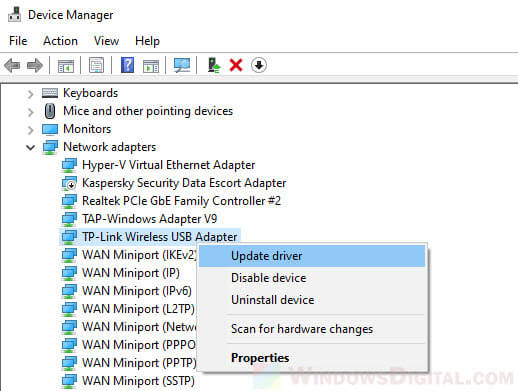 Update wireless adapter driver to fix No internet secured error