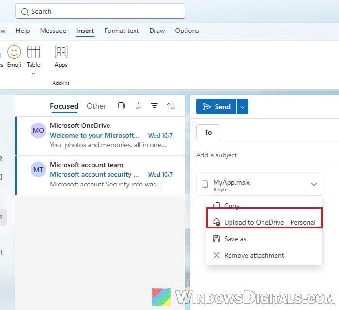 Upload attachment to OneDrive new Outlook