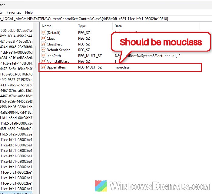 UpperFilters mouclass mouse class key Registry Editor Windows 11