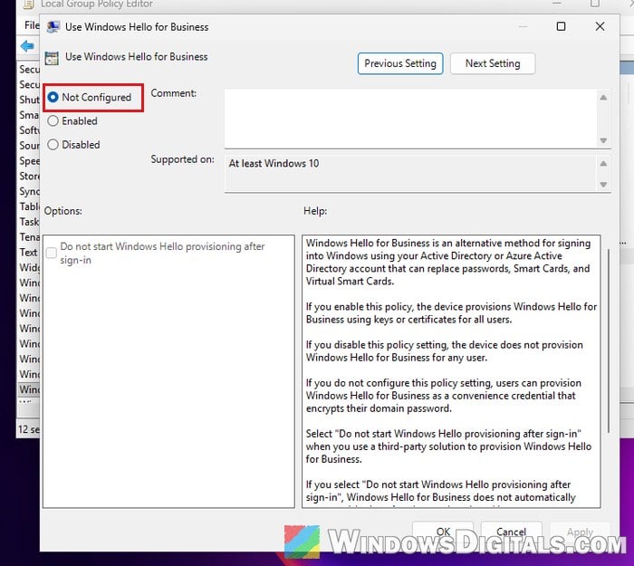 Use Windows Hello for Business policy Group Policy Windows 11