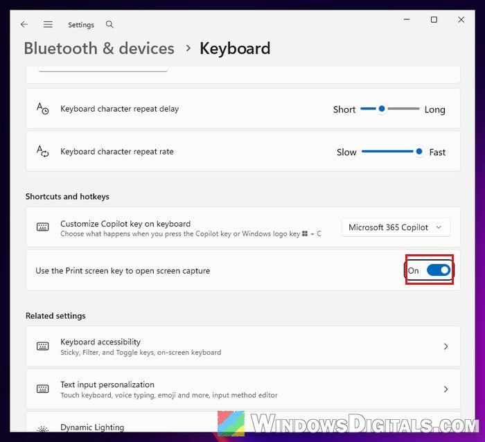 Use the Print screen key to open screen capture setting Windows 11