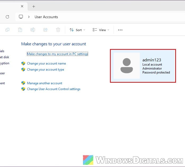 User Accounts local account in Control Panel Windows 11