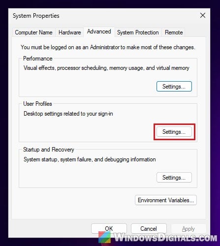 User Profiles settings in System Properties Windows 11