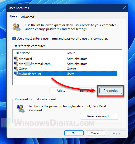 User accounts Properties Windows 11