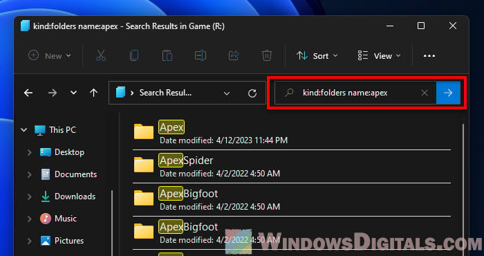 Using File Explorer to search for folders by name