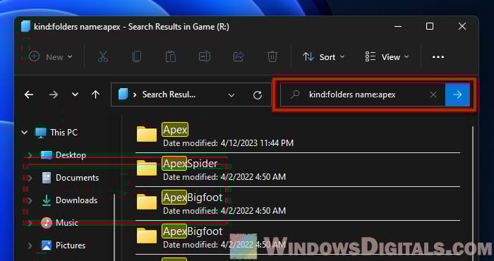 Using File Explorer to search for folders by name