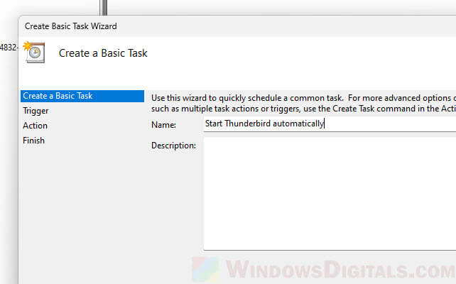 Using Task Scheduler to schedule Thunderbird to open automatically on startup