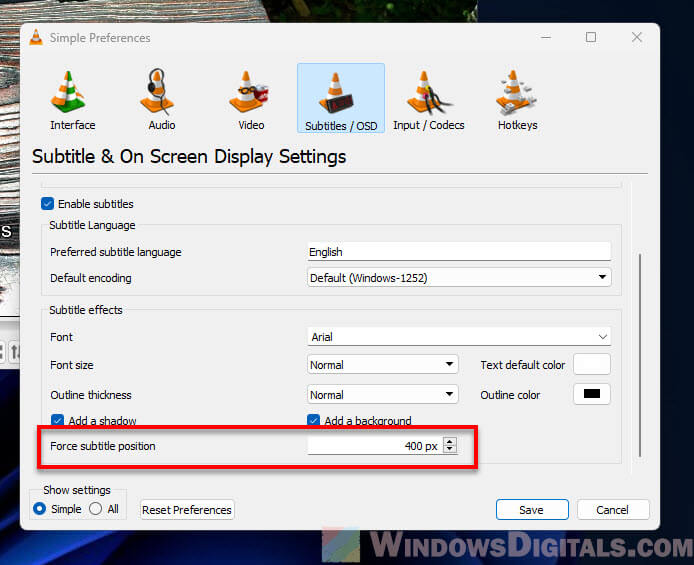 VLC Force subtitle position option