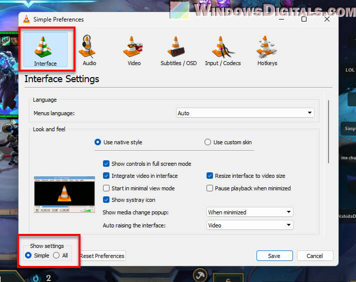 VLC Show Simple Settings