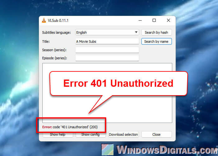 VLC VLSub Error Code 401 Unauthorized 200
