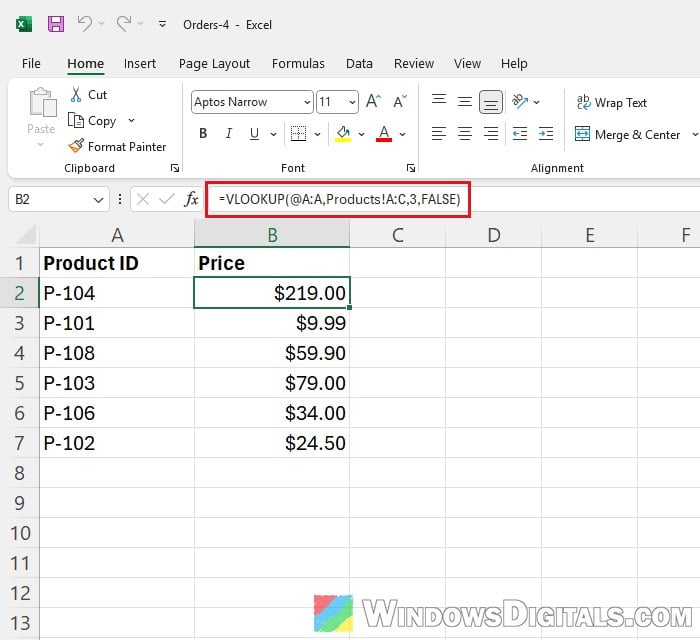 VLOOKUP @ implicit intersection operator Excel