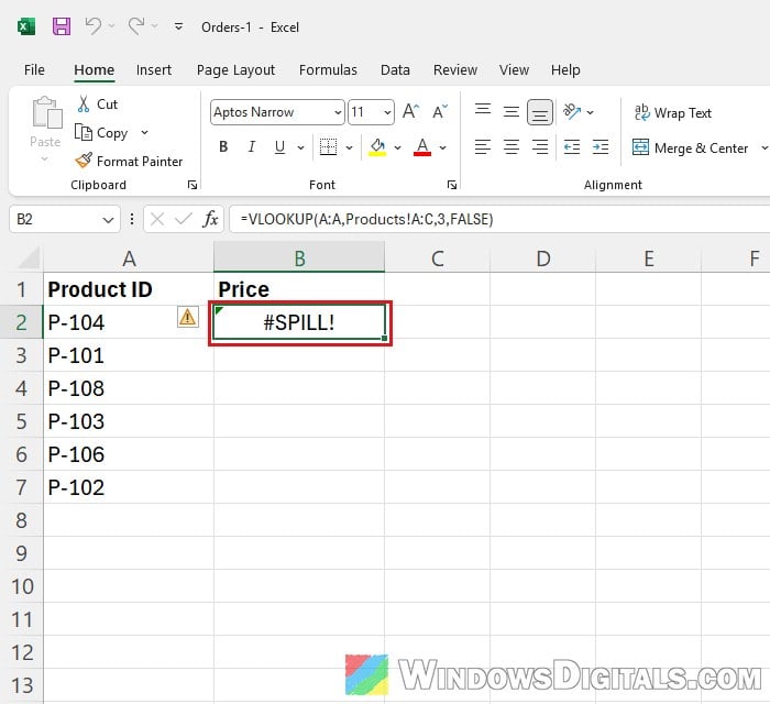 VLOOKUP whole column SPILL error Excel