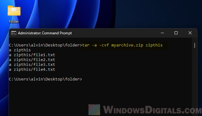Verbose in tar create zip archive Windows 11
