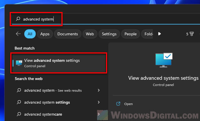 View Advanced System Settings Start menu