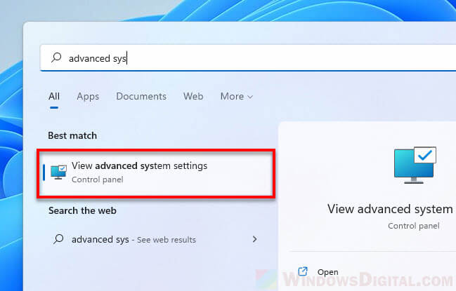 View Advanced System Settings Windows 11